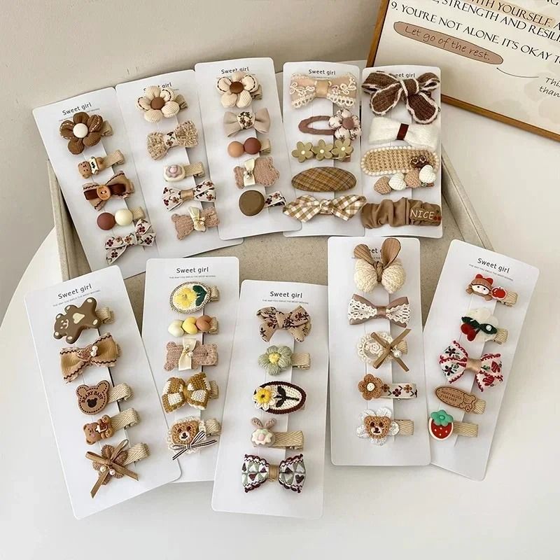 Sweet Kids Plush Hair Clip Set – Kawaii Autumn/Winter Beige & Coffee Bowknot Headwear (5pcs)