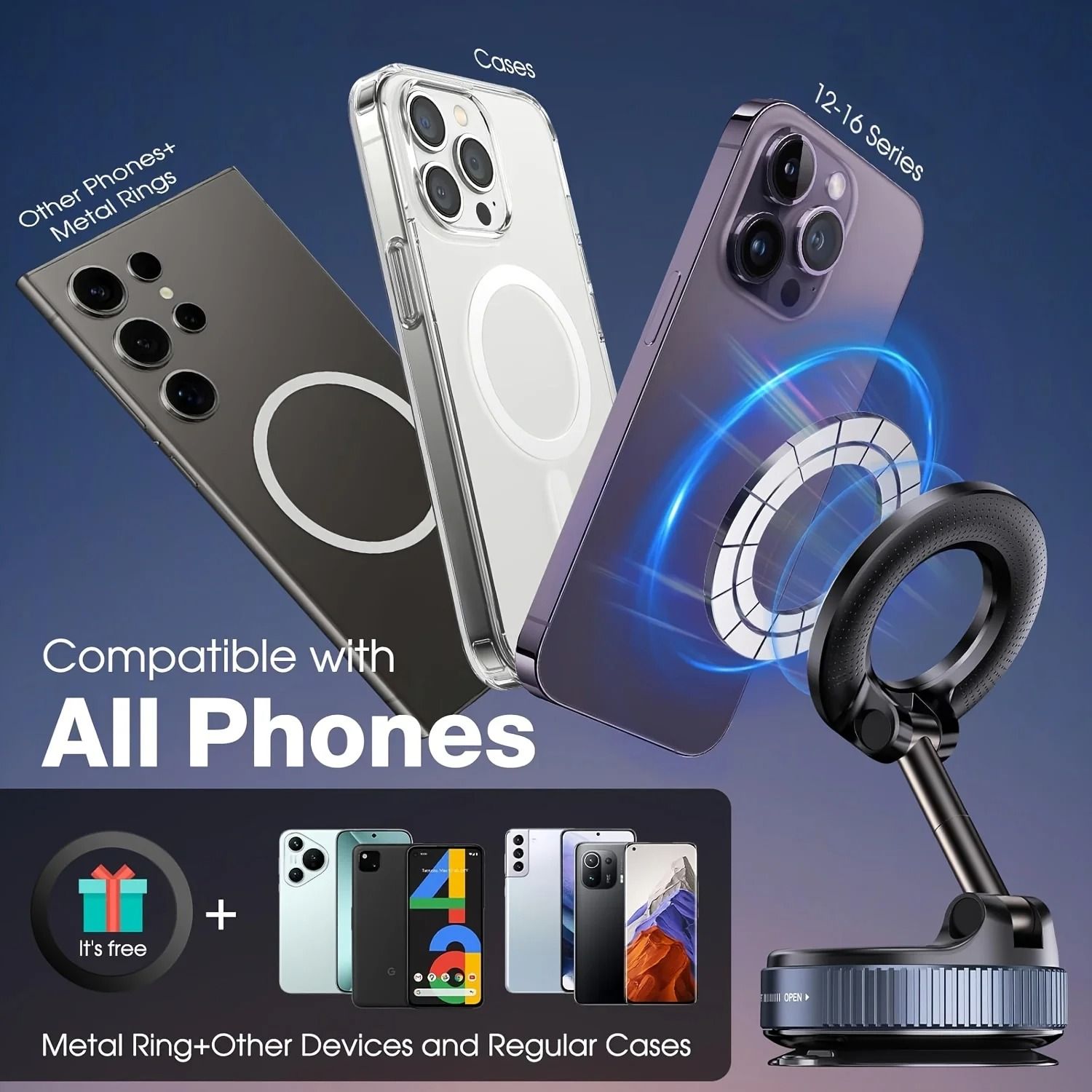 Upgraded Aluminum Alloy Vacuum Magnetic Car Phone Holder With 360 Degree Rotation And Foldable Design