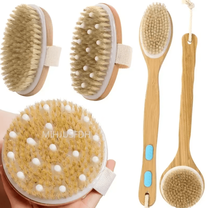 2-in-1 Natural Bristle Body Massage Brush – Dry Skin Exfoliator and Anti-Cellulite Circulation Massager