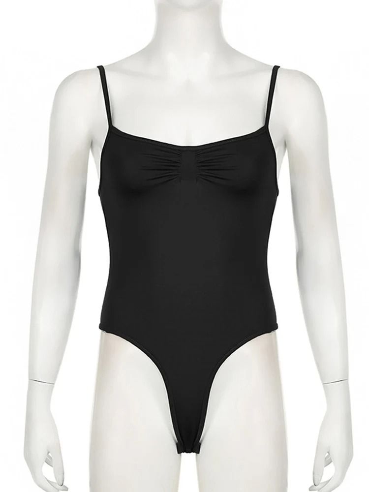 Sweetown Spaghetti Strap Bodysuit Sleeveless Shirred Camisole Bodysuit Top