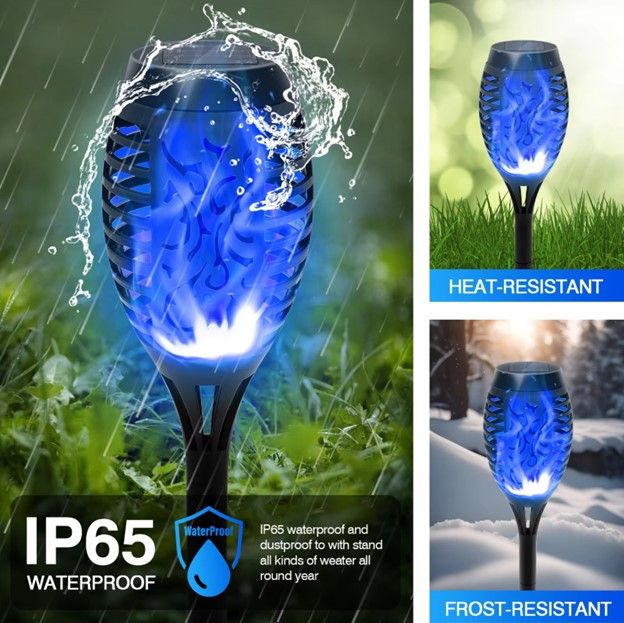 8 Pack Blue Solar Torch Lights Outdoor Waterproof Flickering Flame Garden Pathway Decor