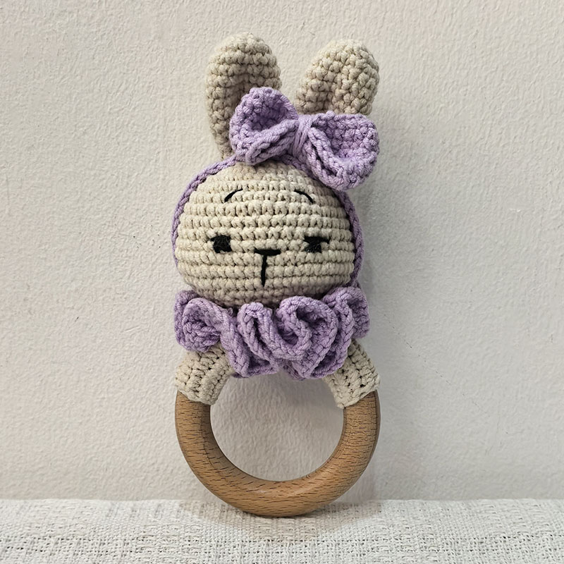 Long Ear Bunny Baby Rattler Safety Wooden Teether Mobile Crib Bell Teething Toy