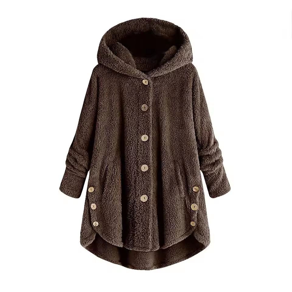 CosyHood Wool Blend Hooded Womens Coat, Warm Autumn Winter Solid Colour Plush Jacket