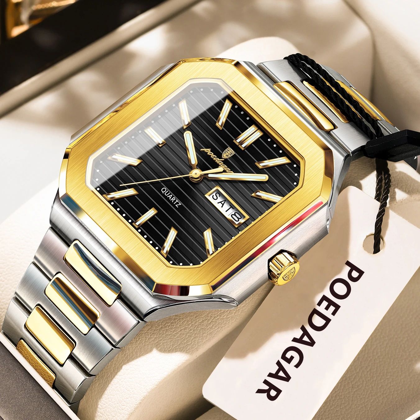 POEDAGAR Luxury Square Waterproof Men's Quartz Watch with Luminous Date & Week