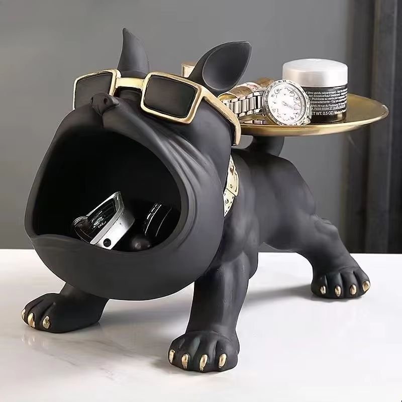 11.8in Bulldog Storage Statue Resin Dog Figurine with Tray for Home Decor