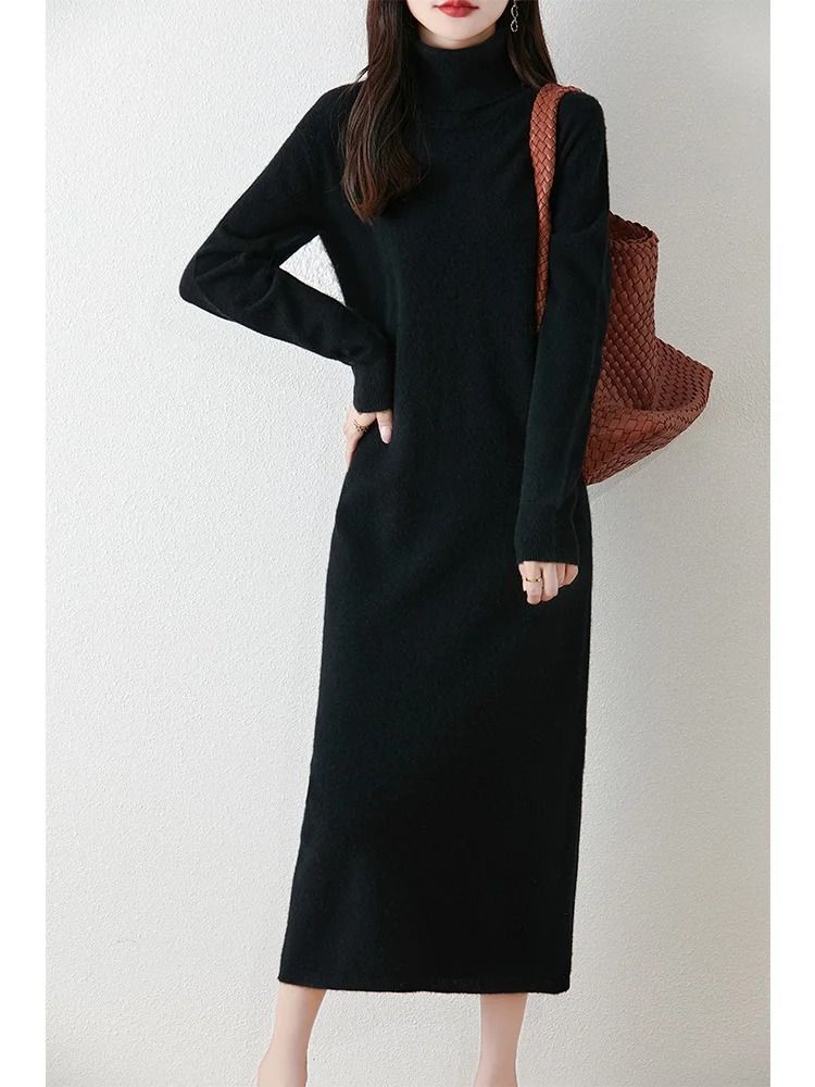 100% Merino Wool Turtleneck Knit Sweater Dress