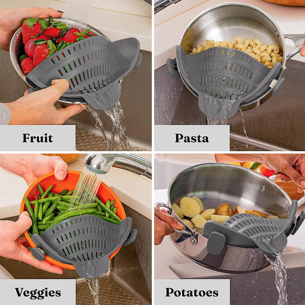 Pasta Noodle Strainer Colander, Silicone Kitchen Strainer Clip On, Pots and Pans Drain Rack