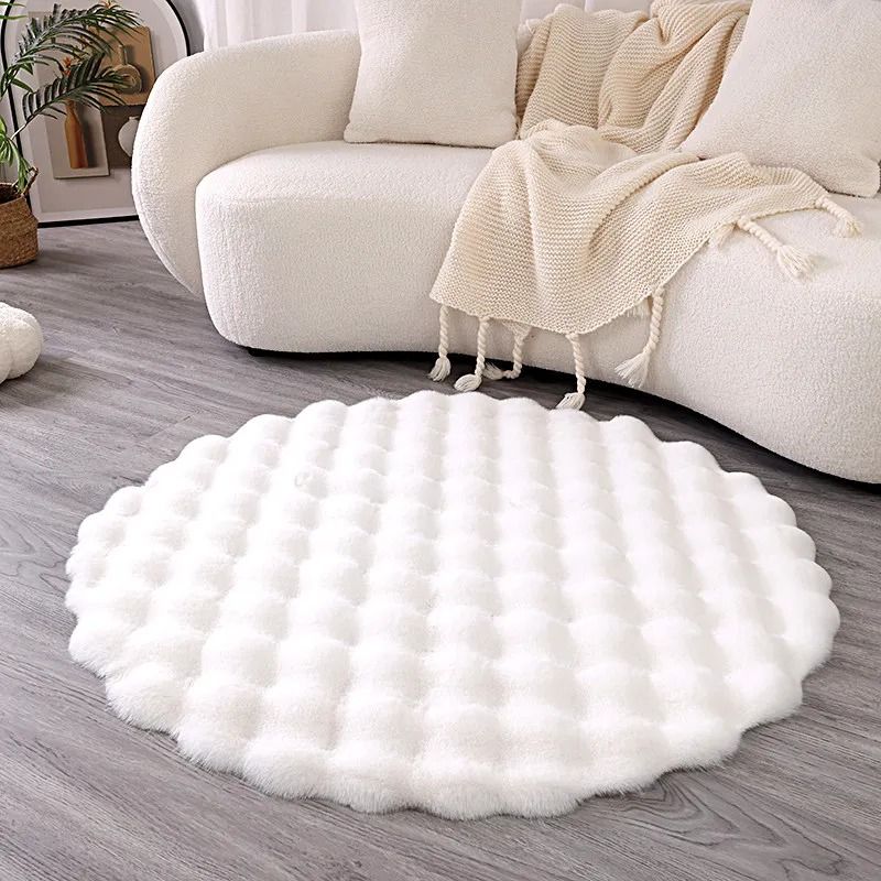 Premium Faux Rabbit Fur Bubble Carpet | Round Ultra-Soft Living Room Rug & Kids' Bedroom Game Cushion
