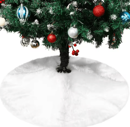 150cm White Plush Christmas Tree Skirt Faux Fur Snowflake Holiday Tree Mat