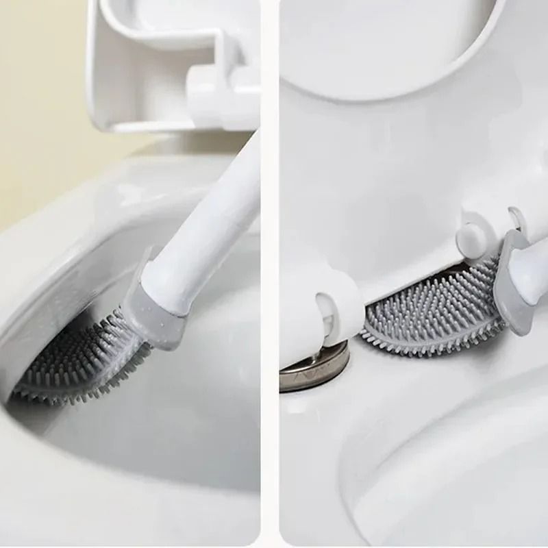 Wall Mounted Silicone Toilet Brush with Soft Bristles and Compact Holder