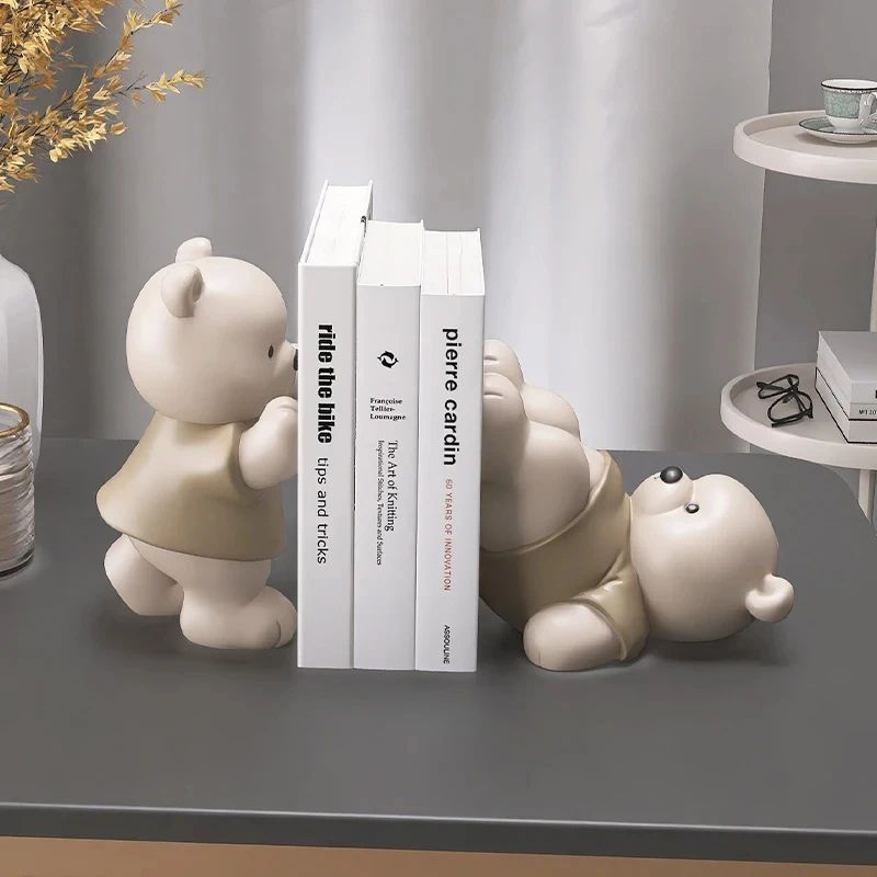 Cute Bear Bookend Decorative Figurine Cream Style Book Holder for Shelves and Home Decor