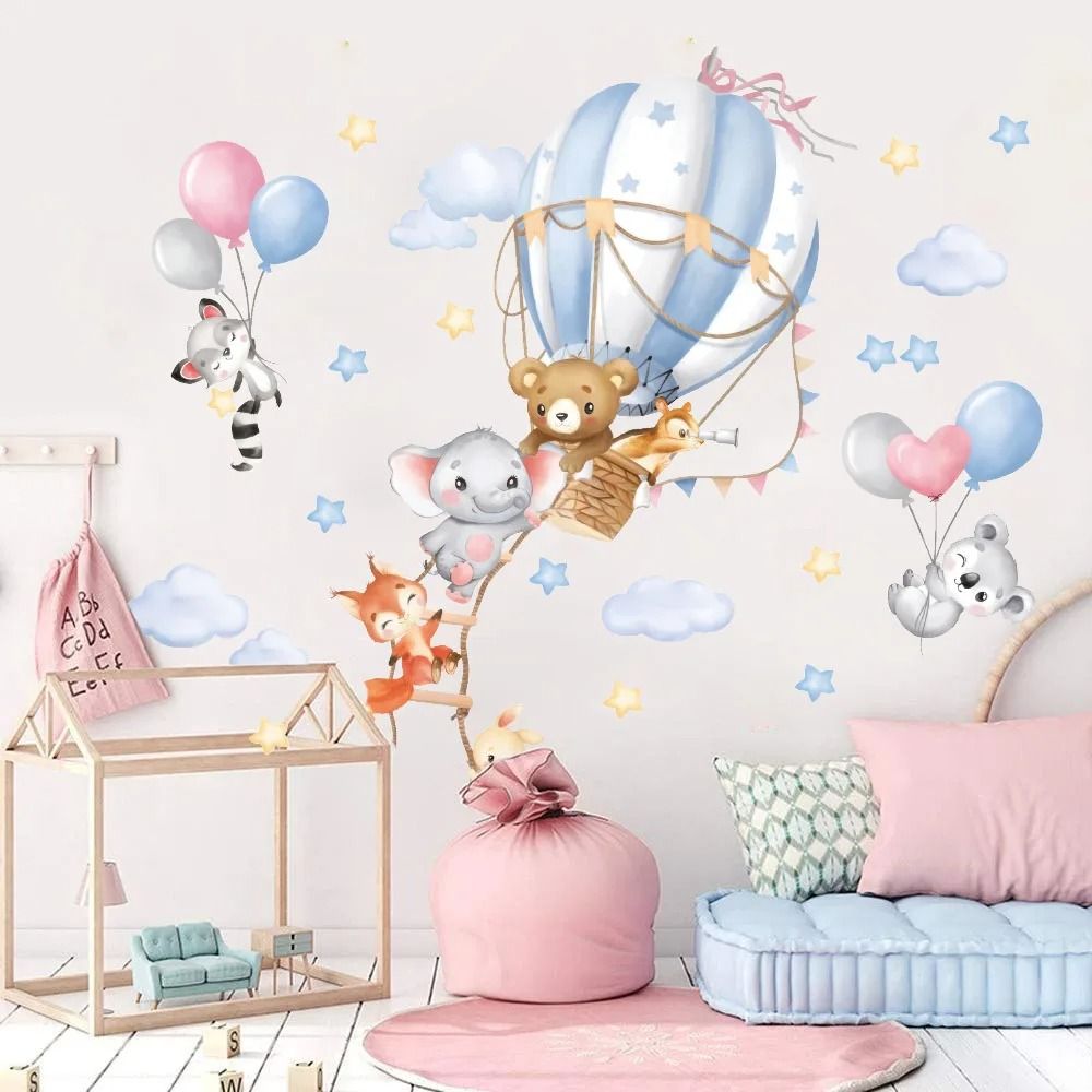 Large Hot Air Balloon Animals Wall Sticker | Nursery Bear & Elephant Wall Decal
