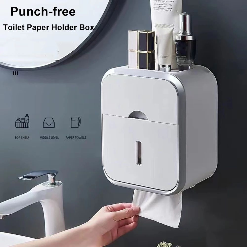 Waterproof Wall Mounted Toilet Paper Storage Box – Dust Proof Bathroom Organizer with No Drill Installation