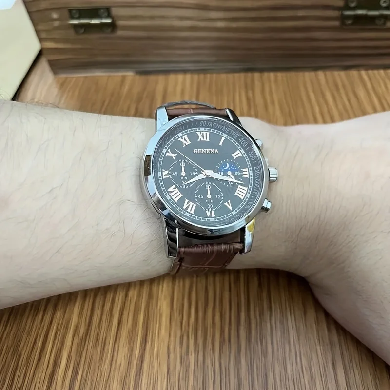 Luxury Mens Business Watch with Leather Strap Analog Quartz Wristwatch