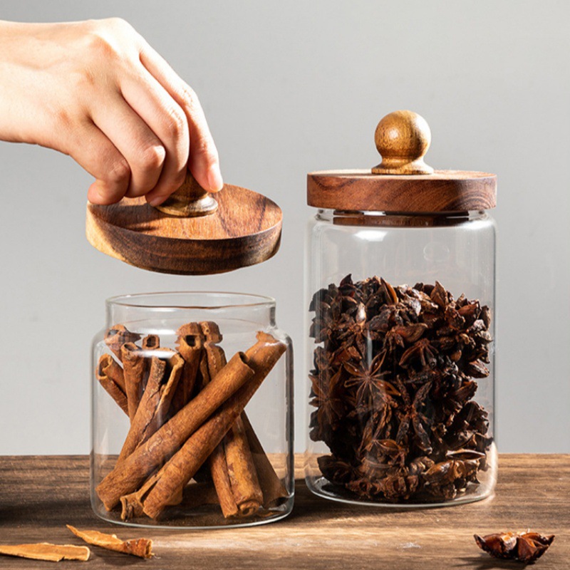 Glass Food Storage Jar with Airtight Wood Lid for Coffee Beans Nuts Spice and Candy