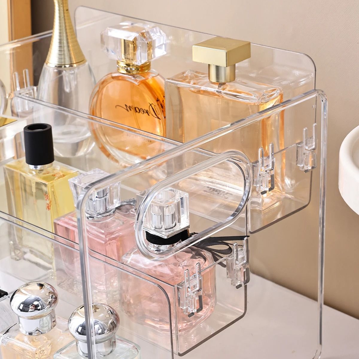 Nexus Prism Cascade | 3-Tier Transparent Acrylic Perfume & Cosmetic Display Shelf