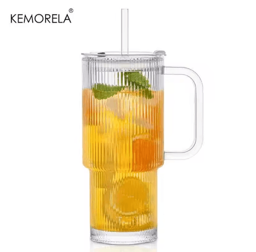 760 ml Ribbed Glass Tumbler with Handle Lid Large Iced Coffee Mug with Straw 1 to 2 PCS