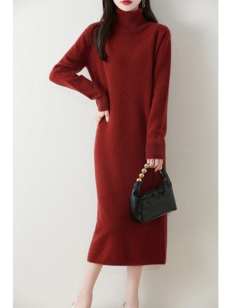 100% Merino Wool Turtleneck Knit Sweater Dress