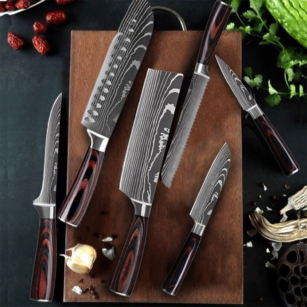 Wood 6PCS Japanese Style Kitchen Damascus Pattern Chef Knives Set