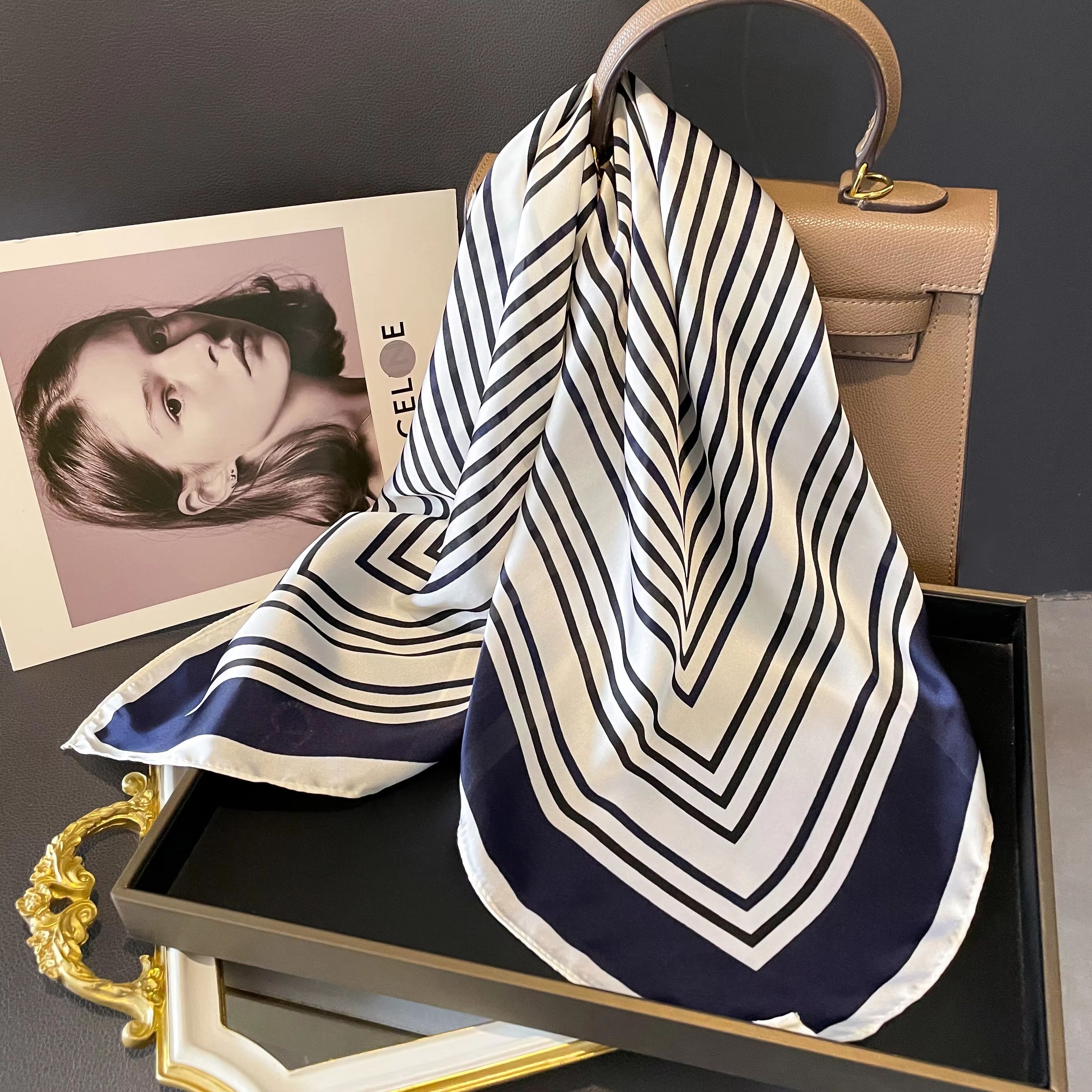 Women's Striped Silk Satin Square Scarf – 27.56x27.56in Elegant Headband, Neck Wrap & Bandana