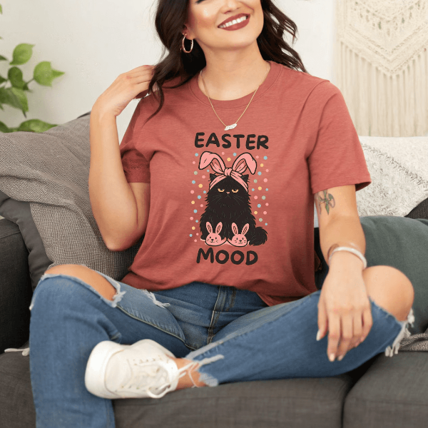 Easter Mood Grumpy Cat Shirt – Funny Bunny Ears Cat Graphic Tee, Cute Easter Gift for Cat Lovers