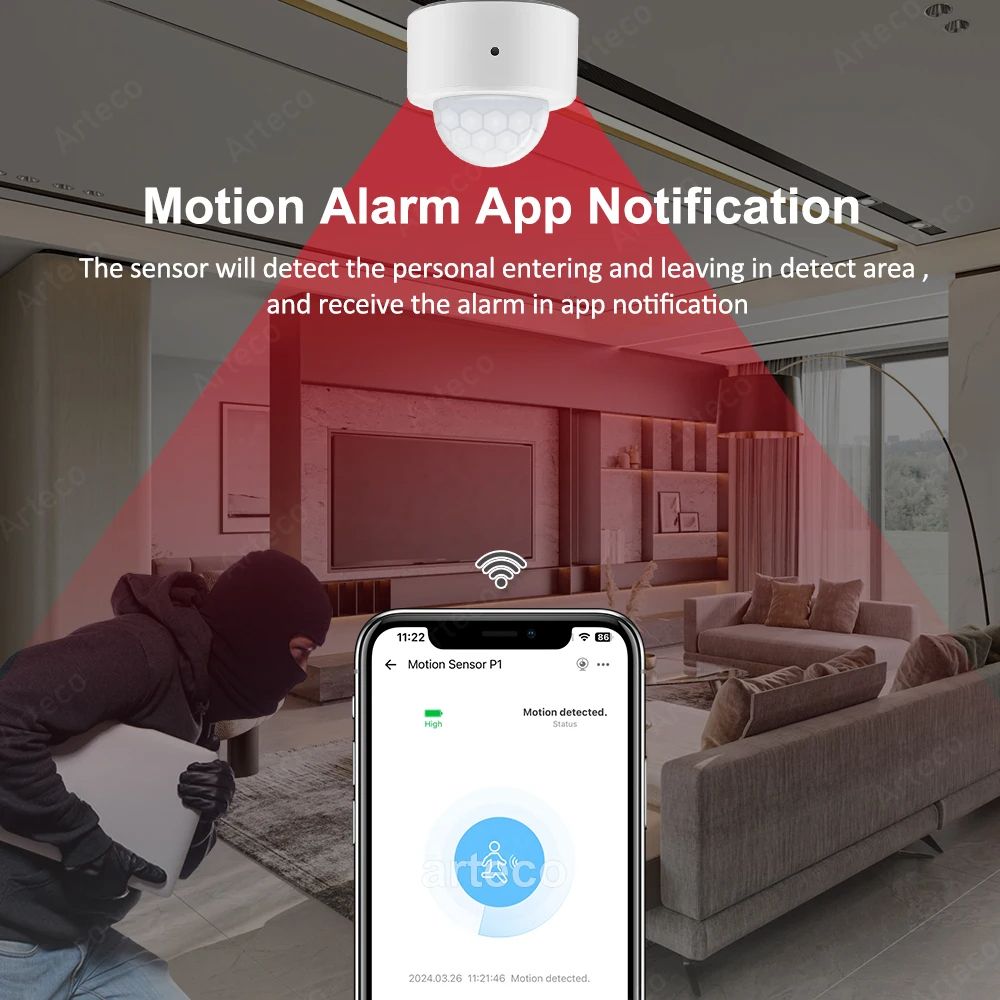 Zigbee Smart PIR Motion Sensor, Human Body Infrared Detector, Security Alarm Compatible with eWeLink & Home Assistant
