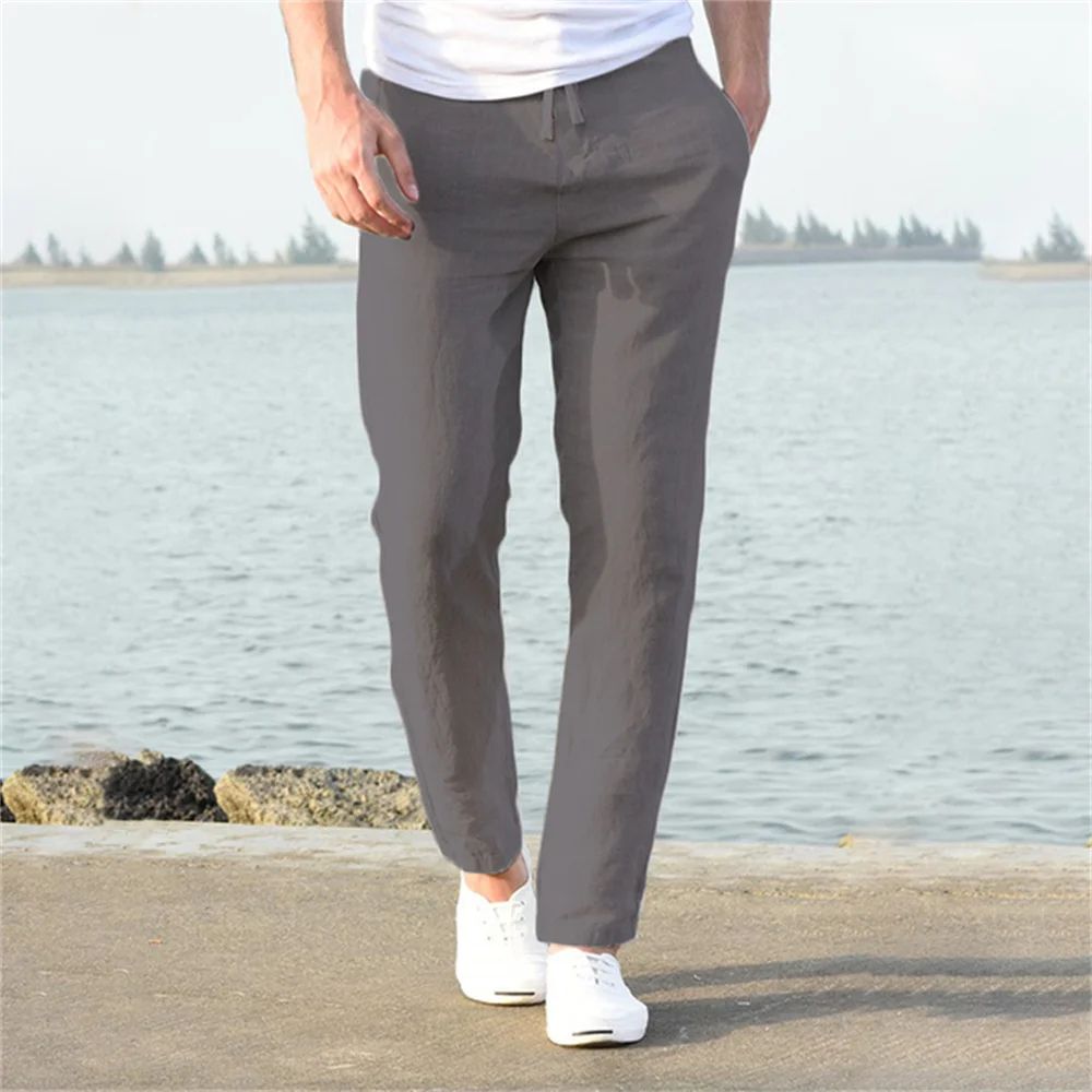 Men's Cotton Linen Breathable Straight-Leg Pants – Casual Elastic Waist Ankle-Length Streetwear Trousers