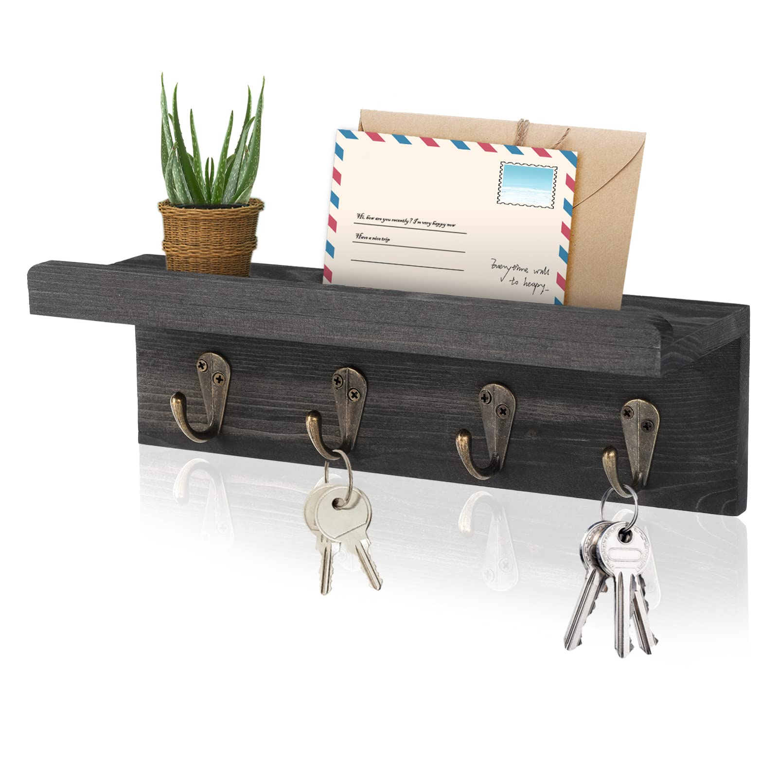 Rustic Wood Key Holder Wall Shelf  Farmhouse Floating Home  with Hooks