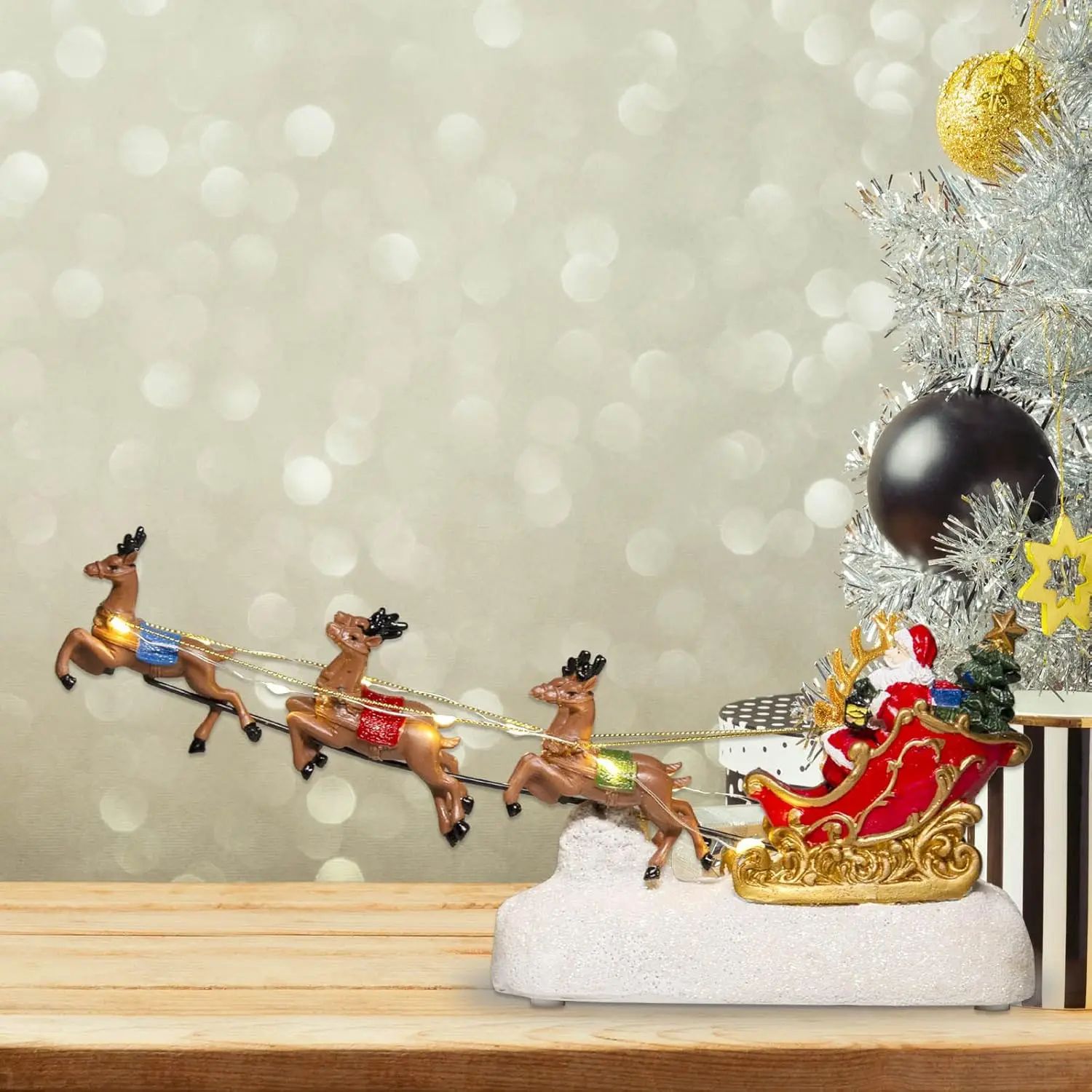 Santas Illuminated Sleigh & Reindeer Holiday Village Centerpiece
