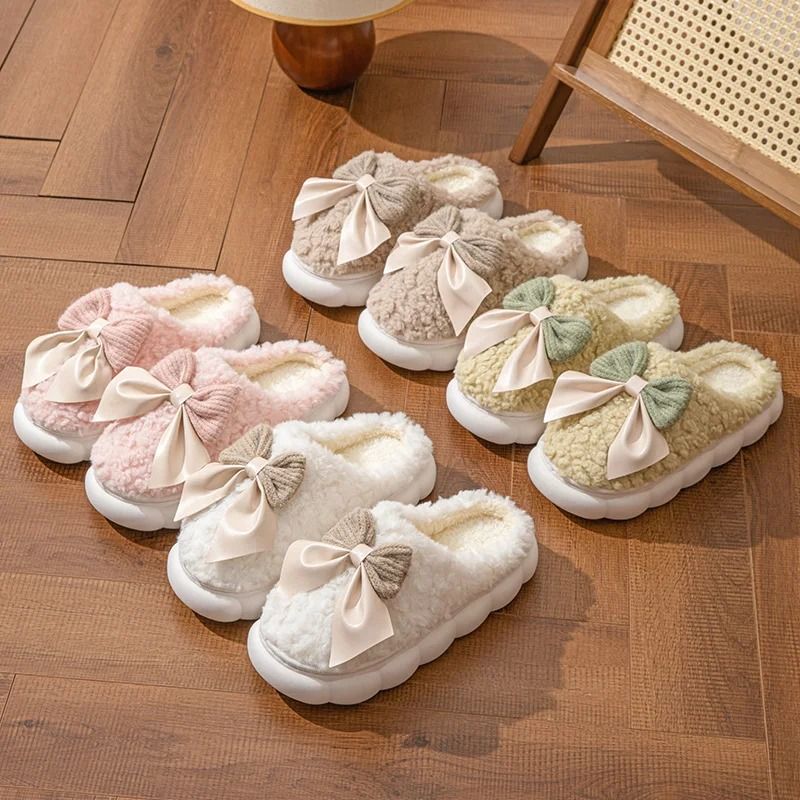 Women Winter Warm Plush Slippers with Bow