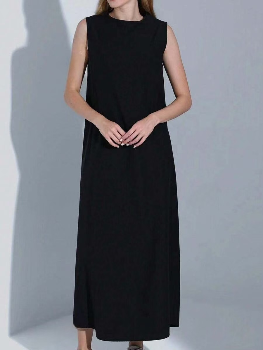 Women Dress Casual Vest Loose Draped Straight Skirt Round Neck