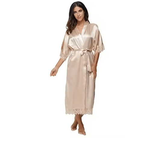 Lace Trim Satin Kimono Robe for Bridal and Nightwear