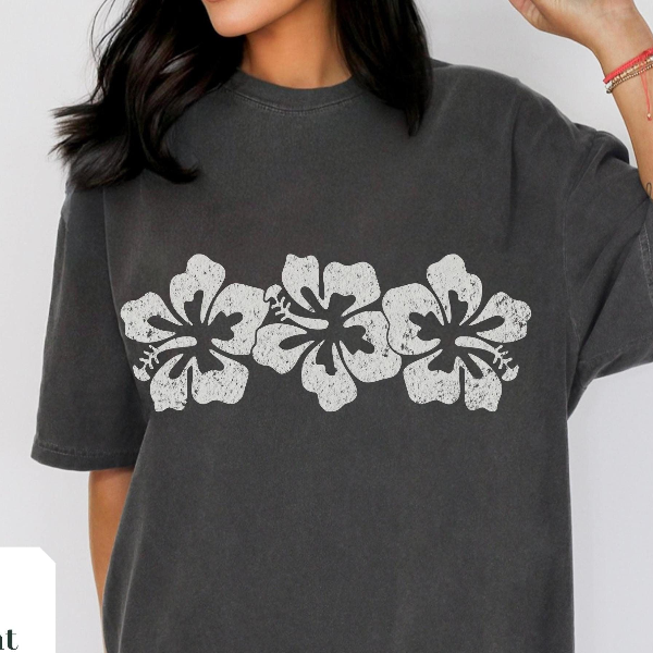 Vintage Hibiscus Flower Beach Tee, Custom Color Tshirt, Oversized Summer Shirt, 90s Vacation Aesthetic