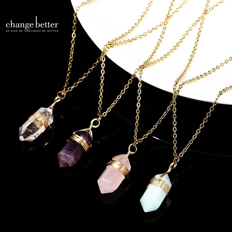 Natural Pink Quartz Amethyst Hexagon Column Pendant Necklace