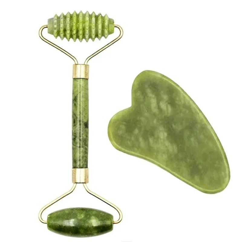 Natural Jade Facial Roller and Gua Sha Body Massager Set