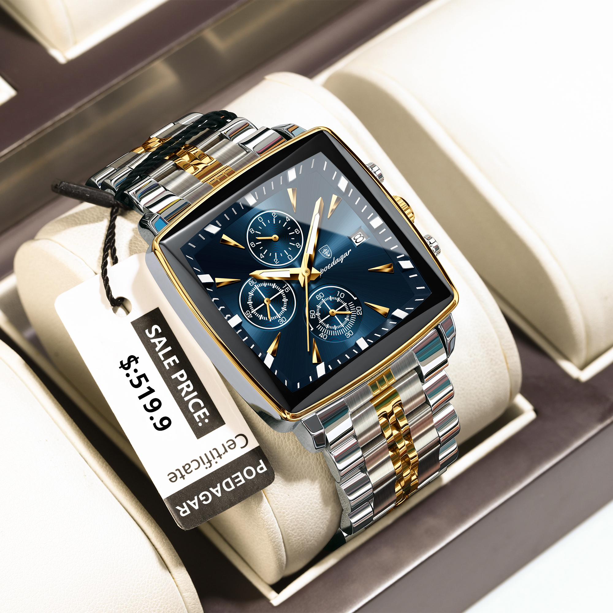 Square Stainless Steel POEDAGAR Fashion Men Watch Quartz Chronograph, Luminous Waterproof Date Wristwatch