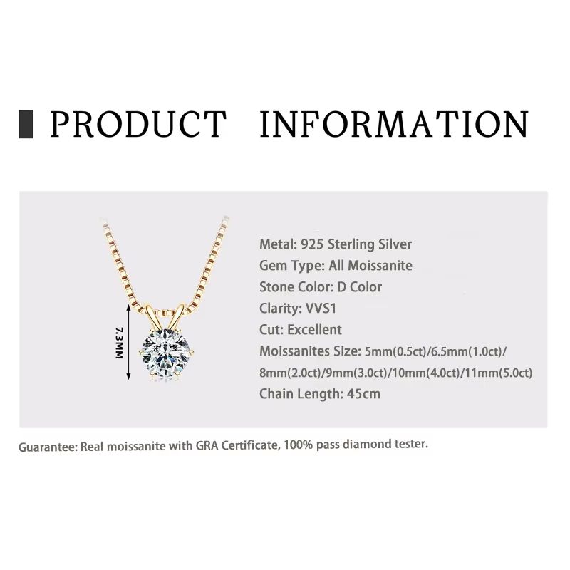 RAPRGOLD Moissanite Solitaire Pendant Necklace – S925 Sterling Silver Jewelry for Women