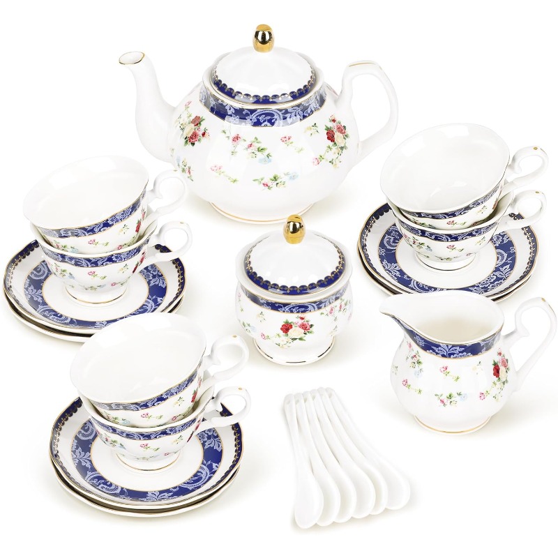 Elegant Porcelain Tea Sets for Adults – Floral Tea Cups Set of 6 with Sugar Bowl & Creamer