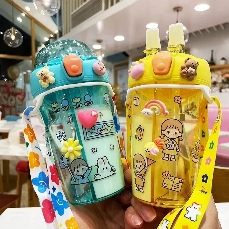 Kids Water Bottle with Double Straw Leak Proof Cute Plastic Bottle 430ml
