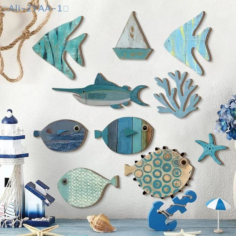 Wooden Fish Wall Decor Set of 10 for Coastal Wall Decor and Nautical Bathroom Decor