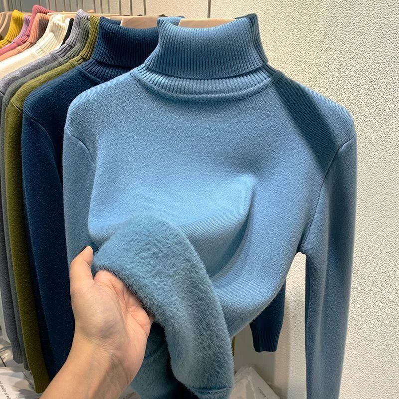 Elegant Thicken Velvet-Lined Turtleneck Sweater – Slim Knit Pullover & Warm Winter Jumper