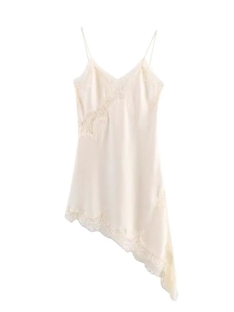Women Fashion Sexy V Neck Lace Elegant Halter Dress Asymmetric Hem