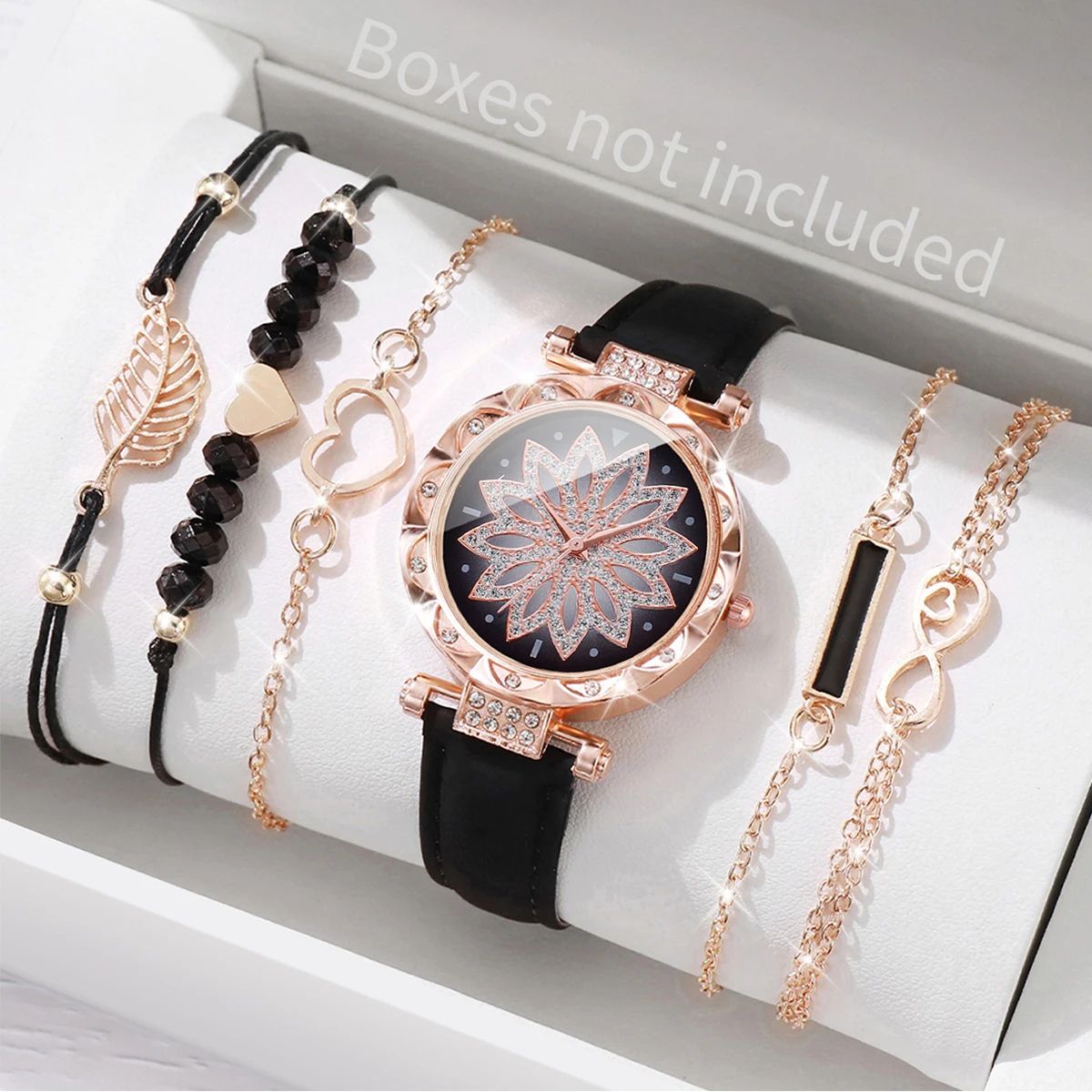 Heart Dial Leather Watch and Leaf Bracelet Set