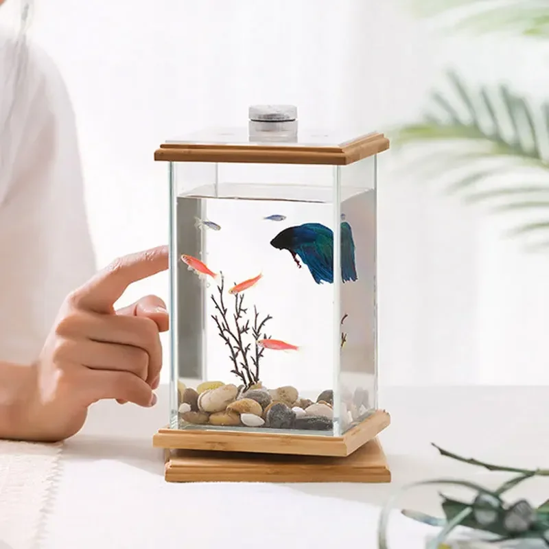 Mini Rotating Aquarium LED Cylindrical Fish Tank, Desktop Glass Aquarium Decoration for Office and Home