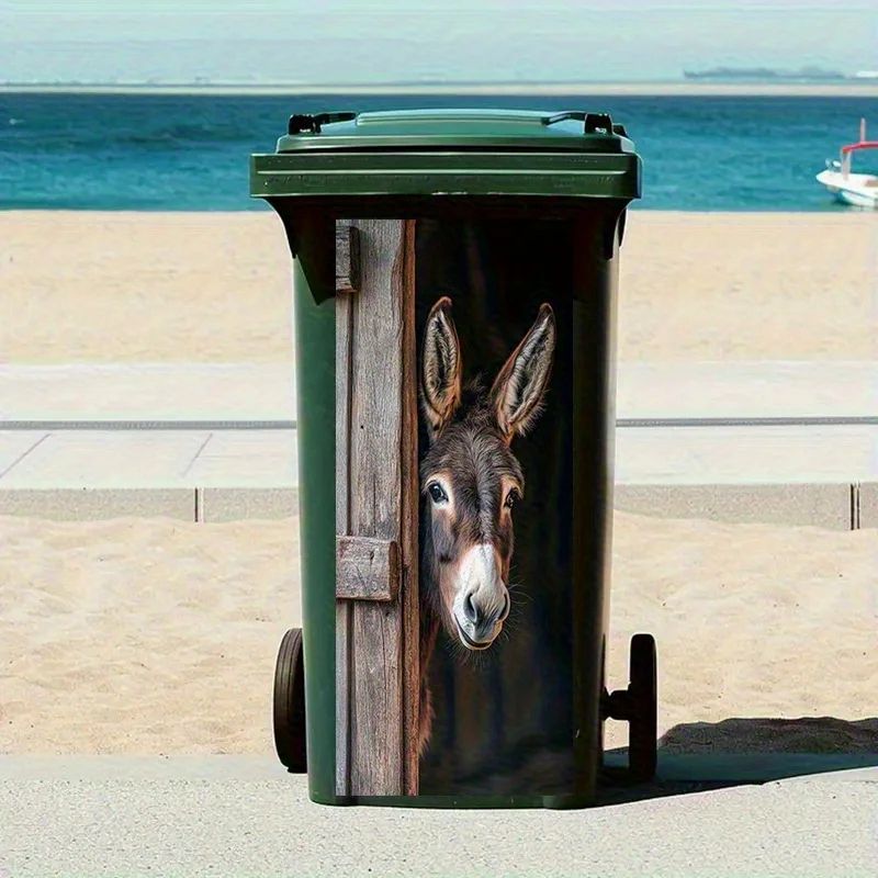 Donkey Painting Trash Can Sticker – Self-Adhesive Removable PVC Farm Animal Decal with Wooden Texture & Curious Eyes