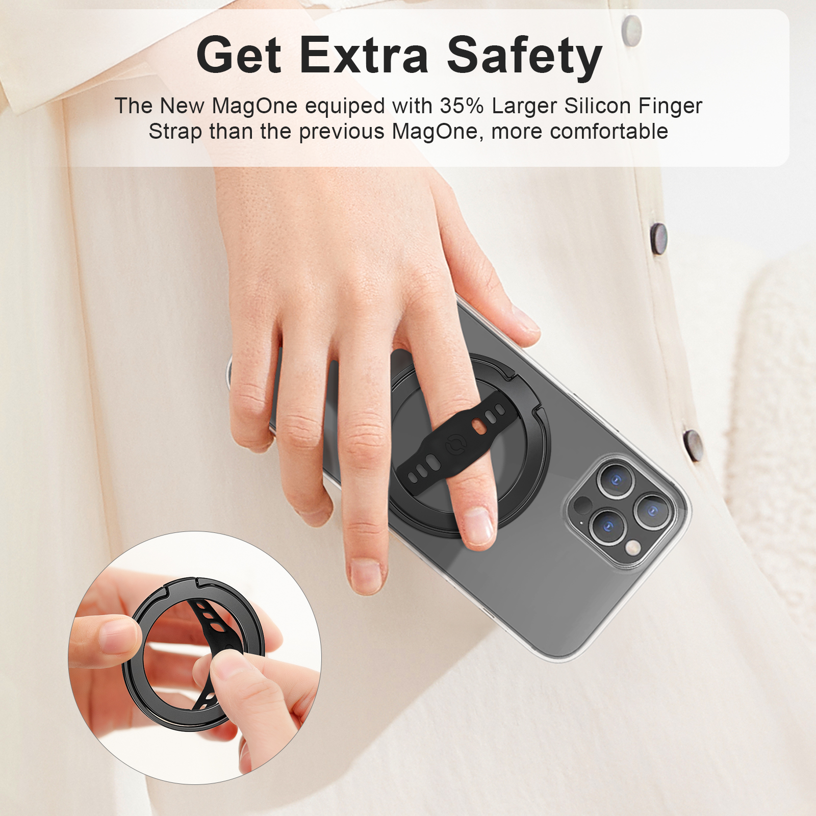 MagSafe Phone Grip Stand with Magnetic Ring Holder and Soft Silicone Strap