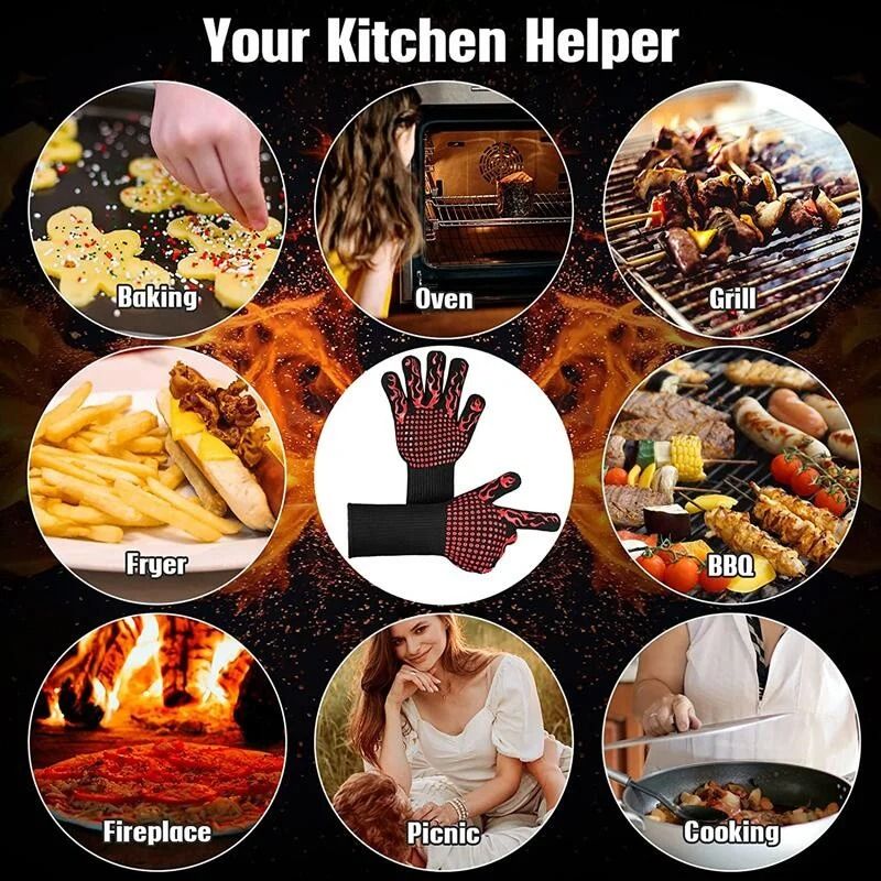 BBQ Gloves 1472F Extreme Heat Resistant Grilling Gloves Silicone Non-Slip Oven Mitts