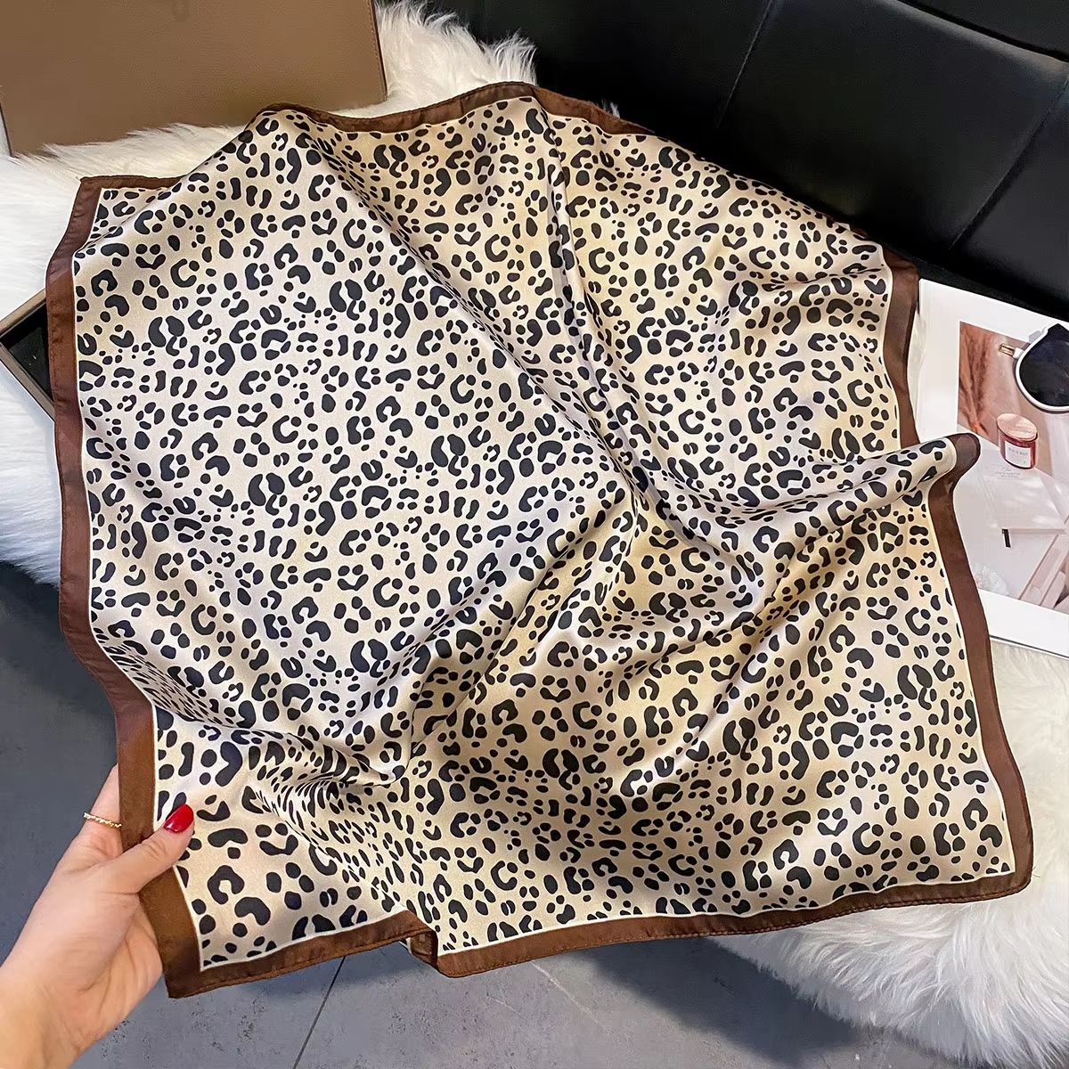 Leopard Print Satin Square Scarf for Women Hair Headband Neck Accessory