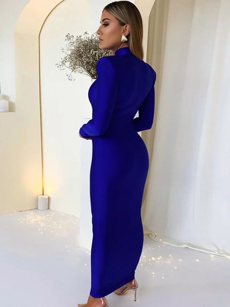 Elegant Green Long Sleeve Bodycon Maxi Dress with Shoulder Pads – Party & Club Evening Gown