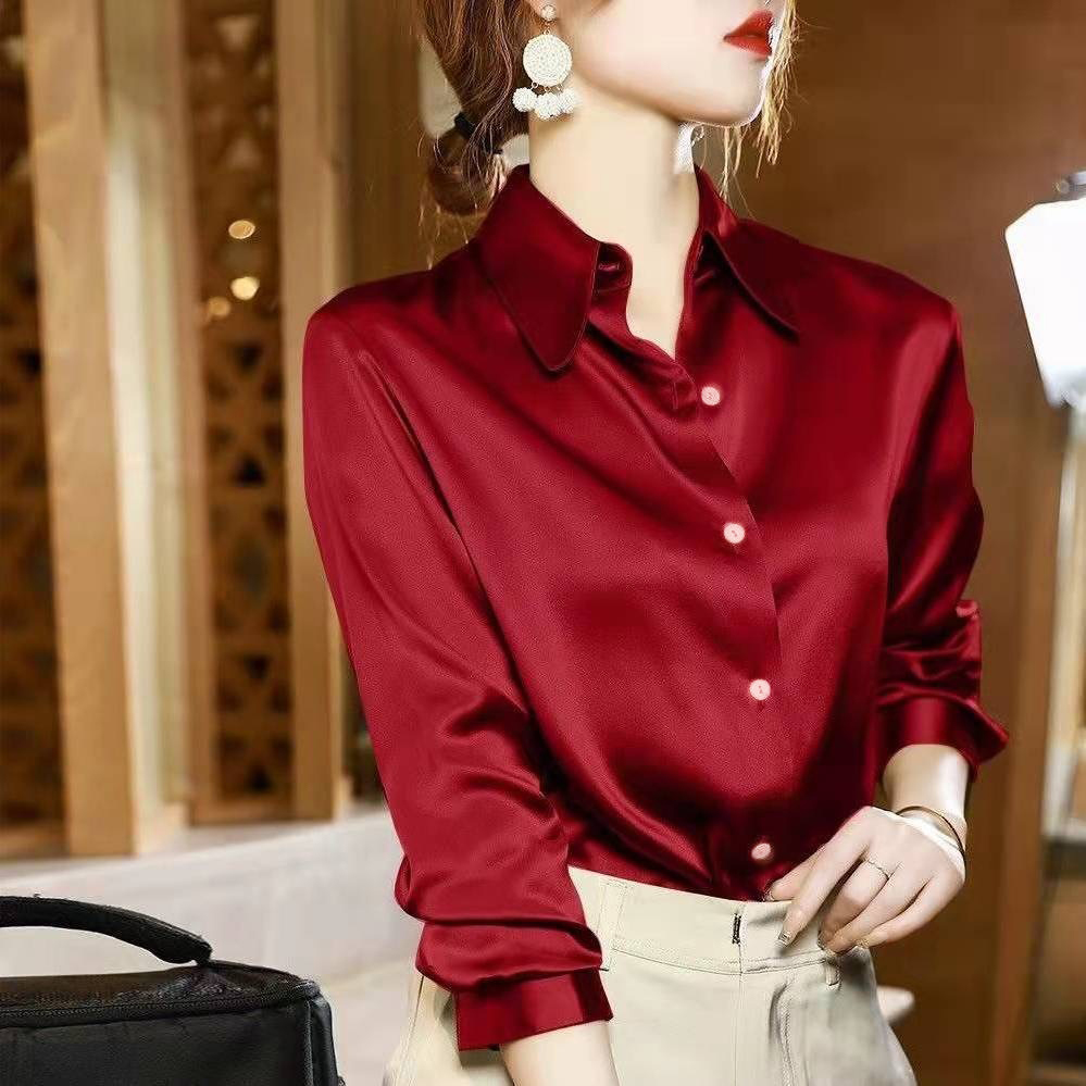 Casual Elegant Satin Long Sleeved Shirt for Office, Summer Trend Fashion Womens Shirts and Blouses, Slim Female Clothes
